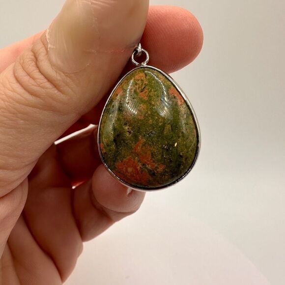 SALE! Genuine Unakite Jasper teardrop pendant! - Picture 3 of 11